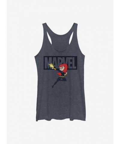 Marvel Girls' Blue Tank Top - Black Widow Fashionable Brick Print