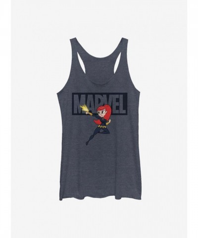 Marvel Girls' Blue Tank Top - Black Widow Fashionable Brick Print