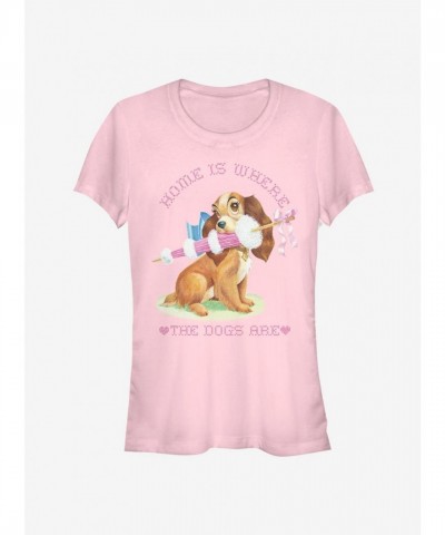 Disney Girls T-Shirt - Home Is Where The Dogs Are Lady And Tramp - Soft Pink
