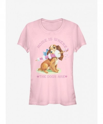 Disney Girls T-Shirt - Home Is Where The Dogs Are Lady And Tramp - Soft Pink