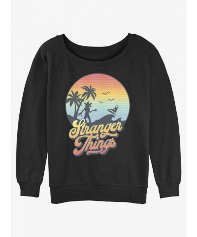 Stranger Things Inspired Retro Sun Girls Slouchy Sweatshirt - Black