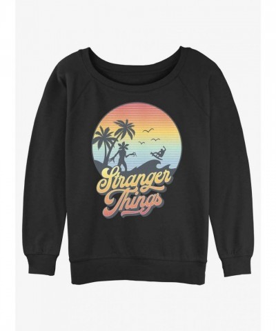 Stranger Things Inspired Retro Sun Girls Slouchy Sweatshirt - Black