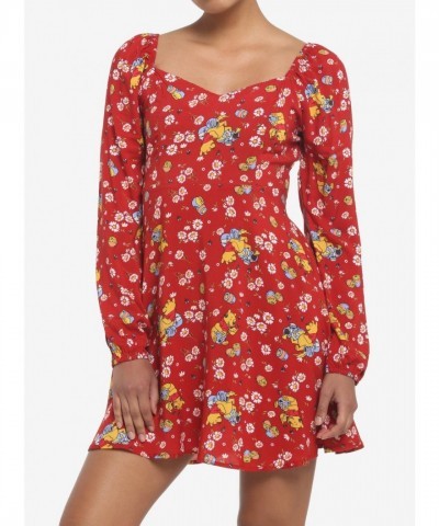 Disney Floral Winnie The Pooh Long-Sleeve Sweetheart Dress