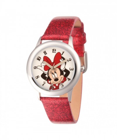 Minnie Mouse Glitter Watch for Kids - Stainless Steel with Red Leather Strap