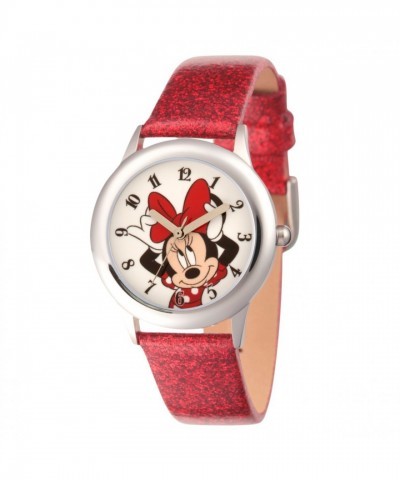 Minnie Mouse Glitter Watch for Kids - Stainless Steel with Red Leather Strap