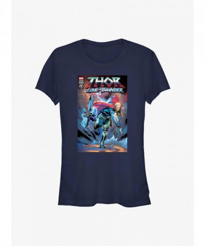 Marvel Thor Hammer Throw Comic Cover Girls T-Shirt - Blue
